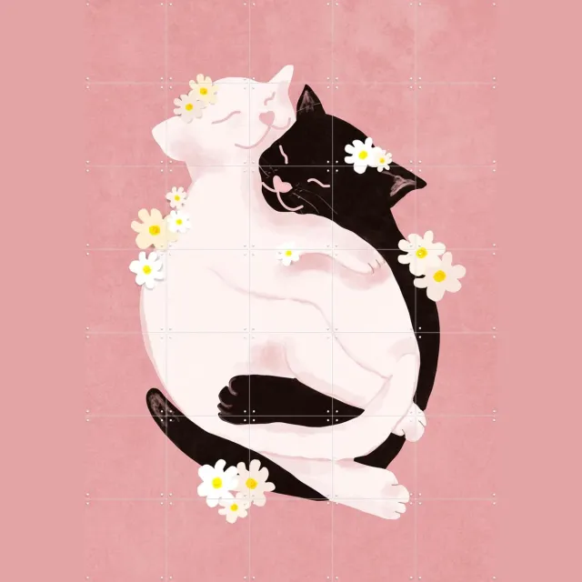 IXXI Cuddling Cats, Raissa Oltmanns - 100 x 140 cm - Grote wanddecoratie en posters - Cartoonesk, Digitale Kunst, Illustraties, Speels, Babykamer Roze