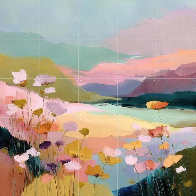 IXXI Wildflowers By The Lake, Branka Kodžoman - 100 x 100 cm - Grote wanddecoratie en posters - Olieverf, Speels, Kwaststreken, Modern, Kleurrijk Roze / Paars / Geel