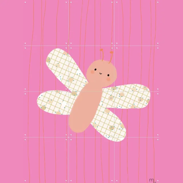 IXXI Vlinder - roze, Stadse Spruiten | door Miek illustreert - 60 x 80 cm - Grote wanddecoratie en posters - Speels, Grafisch Ontwerp, Cartoonesk Oranje / Beige / Roze