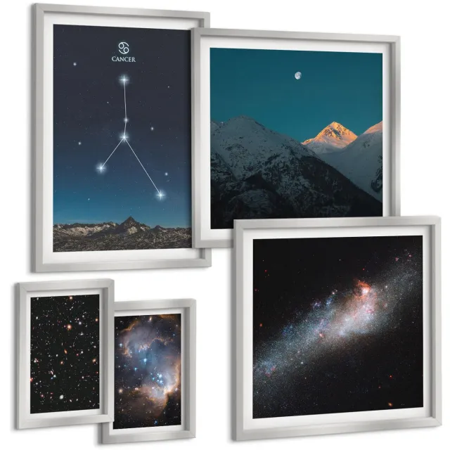 TULUP 4-Delige Schilderij Set - Kosmische motieven van de nachtelijke hemel en sterrenbeelden - 50 x 50 cm, 20 x 30 cm en 40 x 60 cm - Decoratieve Schilderijen - Wanddecoratie - Hal - Moderne Wanddecoratie Zilveren lijst