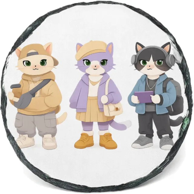 Mr Cadeautjes Leisteen rond Ø 14 - design Drie modieuze katten in pastel-outfits, elk met een andere h | cadeau wit