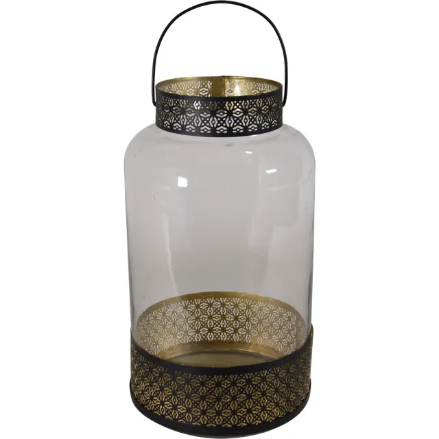 Lesliliving Lantaarn/windlicht zwart/goud Marokkaanse stijl 20 x 37 cm metaal en glas - Gebruik buiten/tuin/woonkamer - Thema Oosters/Arabisch