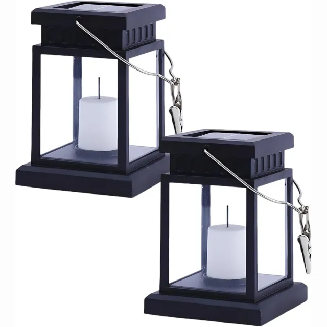 Huttutu Solar Lamp - Kleine Paleisstijl - Decoratieve LED Kaarslamp - 6-10 Uur Brandduur - Zwarte Metalen Haak - Voor Terras en Tuin - Zwart - 2 stuks