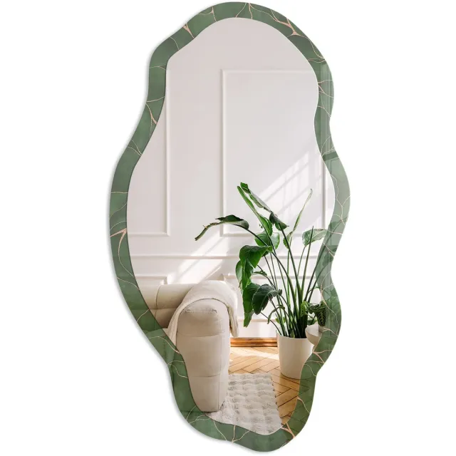 Coloray Groene Bladeren Spiegel - Groen Stijlvolle Wandspiegel - Organische Spiegel - Slaapkamer, Woonkamer, Kantoor - Modern - 45x90 cm - Totale afmeting 52x97 cm Groene BladerenPatroon, Groen