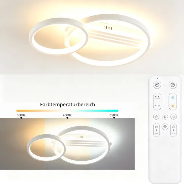 Amdelne ‑ Moderne Plafonniere ‑ LED Roterende Dubbele Ringen ‑ 36W ‑ 3000K‑6500K ‑ 3600LM ‑ Dimbaar Met Afstandsbediening ‑ Plafondverlichting Wit - Voor keuken kantoor woonkamer