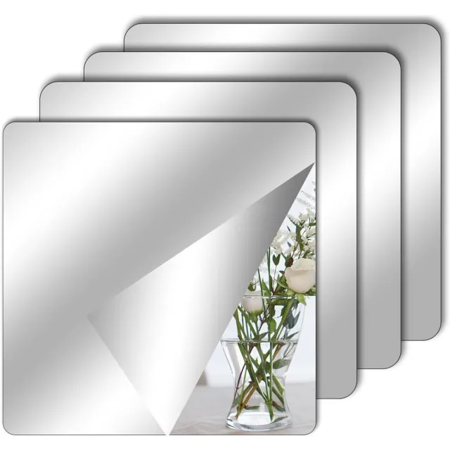 Zyronn 4-delige zelfklevende tegelspiegelset – Acryl spiegel – Flexibel, frameloos voor wanddecoratie in woonkamer, badkamer en slaapkamer – Schoolspiegel, spiegelstickers, kastspiegel (20 x 20 cm) wit