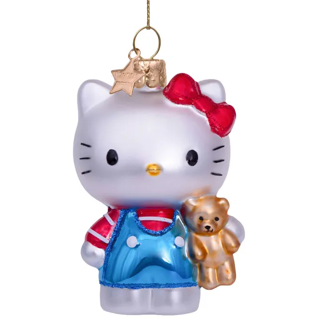 Vondels kerstornament Hello Kitty met beer (blauw)