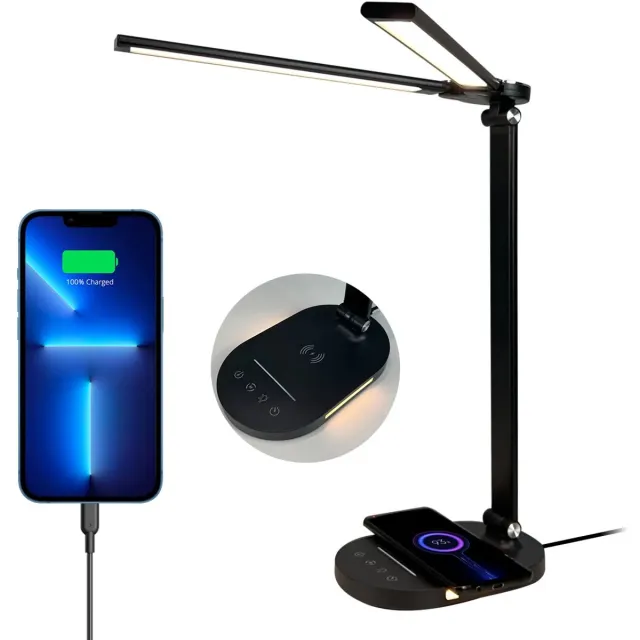 Lampen District ® - Bureaulamp LED - Tafellamp zwart - Dimbare LED - 5 kleurmodes 5 helderheidsniveaus - Draadloos opladen - USD - desk