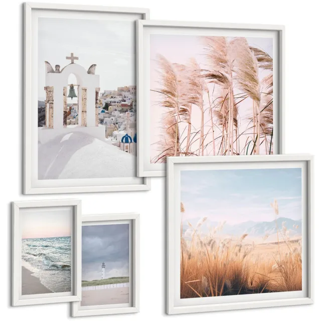 TULUP 4-Delige Schilderij Set - Stijlvolle kustlandschappen met architectuur en natuur - 50 x 50 cm, 20 x 30 cm en 40 x 60 cm - Moderne Wanddecoratie - Woonkamer - Woonkamer Decoratie Witte lijst