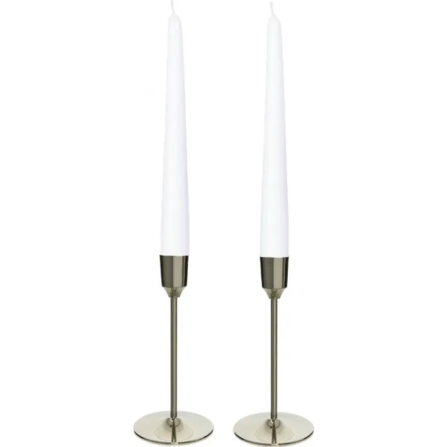 Decoris Kandelaars 2x aluminium zilver 20 cm met 12x dinerkaarsen wit