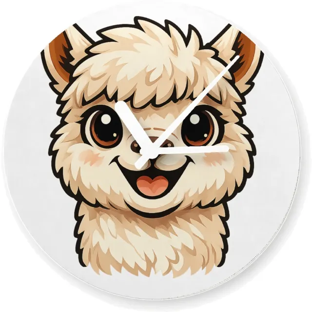 Mr Cadeautjes Glazen klok Ø 20 - design Een vrolijke alpaca met grote, nieuwsgierige ogen en een bre | cadeau Wit