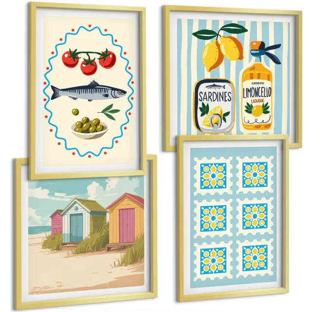 TULUP 4-Delige Schilderij Set - Illustraties van keukens in mediterrane stijl - 40 x 40 cm en 40 x 60 cm - Wanddecoratie - Schilderijen Set - Interieur - Muurdecoratie Gouden lijst