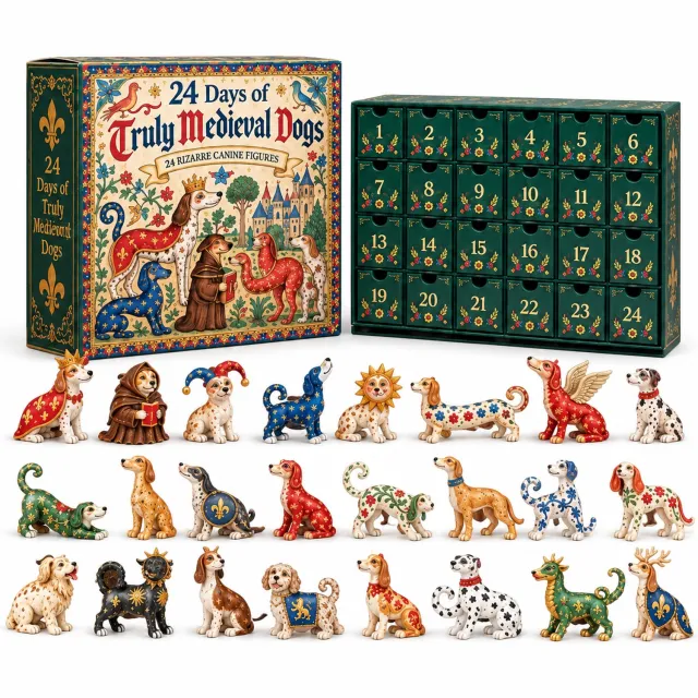 SWGOTA Adventskalender 2026 met 24 genummerde vakjes en 24 middeleeuwse hondenfiguurtjes, 26 x 18 x 3 cm Groen