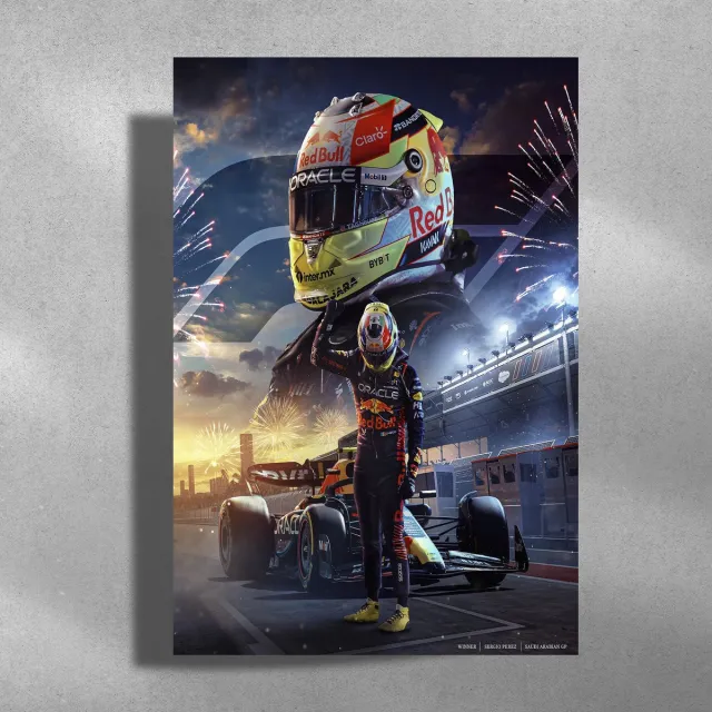 Luxe poster Max Verstappen - Metalen Poster 40x60cm - Saudi Arabian GP - Formule1 blauw