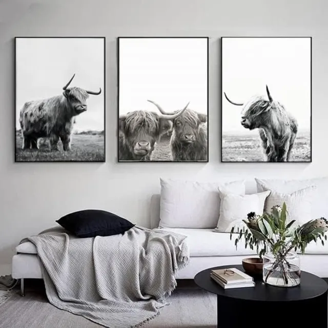 Ibenzoa Vintage Stijlvolle Canvas Poster Set - Drie Koeien Afbeeldingen Zwart-Wit