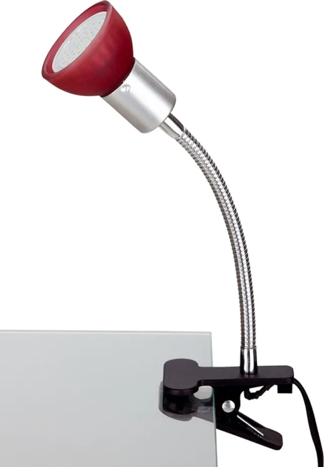 Trango LED Klemlamp 2989-012 *EASY* Tafellamp I Leeslamp I Clip Lamp met Rode Glazen Lampenkap, Klemspot I Nachtlampje I Bureaulamp incl. 1x 5 Watt GU10 3000K warm witte LED lamp Rood glas
