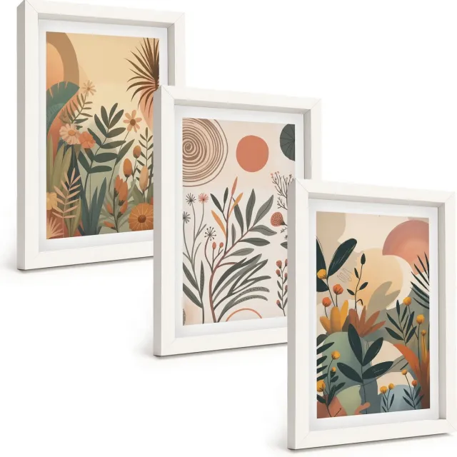 TULUP 3-Delige Schilderij Set - Plantmotieven in gedempte kleuren met cirkels. - 20x30 - Muurdecoratie - Schilderijen Set - Woonkamer - Wanddecoratie Witte lijst