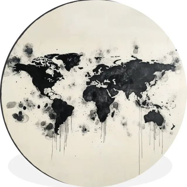 WallCircle Wandcirkel - Muurcirkel - Wereldkaart - Zwart - Inkt - Aluminium - Dibond - 140x140 cm - Binnen en Buiten