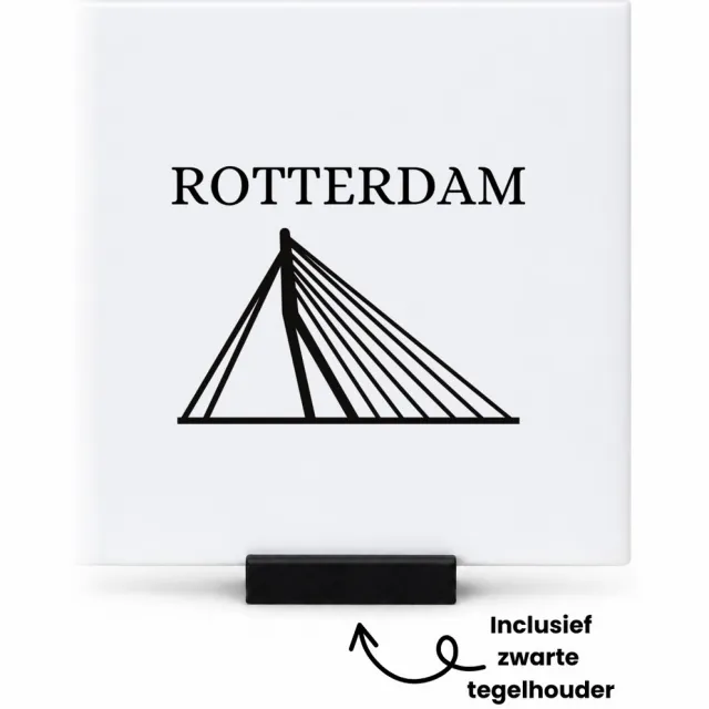 Hacebo Rotterdam tegeltje met tegelhouder - Rotterdam - toeristen Rotterdammers - tegeltjes met tekst - cadeautje - kado - Erasmusbrug - Zuid Holland - spreuktegels - 10.8x10.8 CM Wit