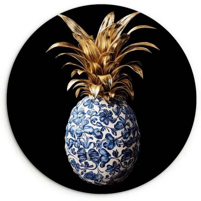 WallCircle Wandcirkel 150x150 cm - Muurcirkel Ananas - Bloemen patroon - Goud - Delftsblauw - Muurdecoratie woonkamer - Wanddecoratie slaapkamer - Kamer decoratie accessoires - Ronde schilderijen Ananas - Delftsblauw