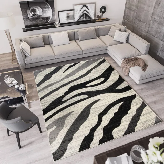 Tapiso Qmega Vloerkleed Grijs Zwart Zebra Dierenprint Tapijt Zwart Lichtgrijs