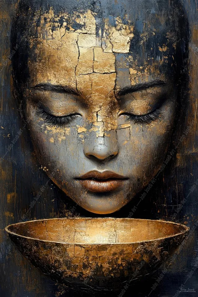 John Joseb Art (Aluminium) 80x120 | Vrouw gezicht, schaal, grunge stijl, abstract, goud, portret, abstract, kunst | mens, grijs, blauw, zwart, modern | foto-schilderij op dibond, metaal wanddecoratie Aluminium, dikte 3 mm