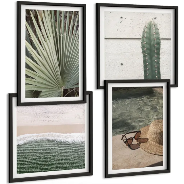 Coloray 4-Delige Schilderij Set - Tropische Planten En Vakantieaccessoires Aan Het Water - 40 x 40 cm En 40 x 60 cm - Muurdecoratie - Interieur Decoratie Zwarte lijst