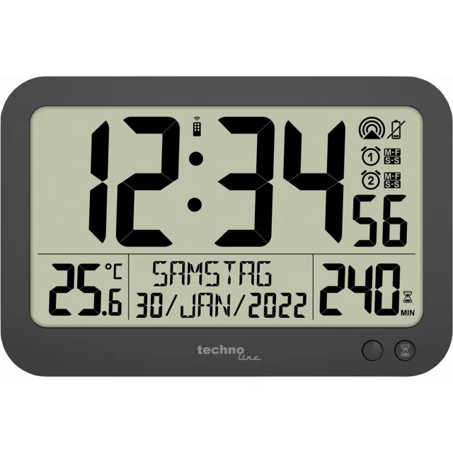 Technoline WS 8026 - Wandklok - Digitaal - Rechthoek - Radiogestuurde tijdsaanduiding - 12/24 - Datumaanduiding - Binnentemperatuur - 2 alarmen - Kunststof - Cijfers - Grijs