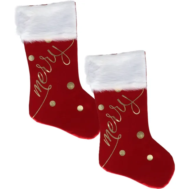Gerimport Decoratie kerstsokken - 2x - rood/goud - B27 x H46 cm - polyester - Merry
