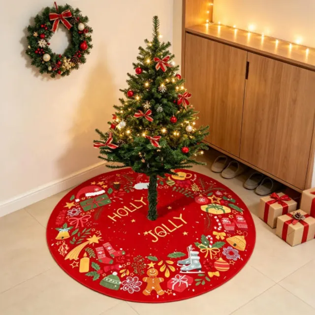 Mrilary Kerstboomrok van 90 cm, zachte kerstboom en kerstboommat met sneeuwvlokken, met schattige cadeautjes/belletjes/kerstmutsen voor kerstfeestjes en kerstdecoraties. rood