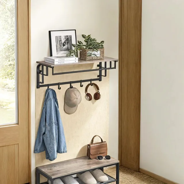 Songmics Wandkapstok – Hout – Eiken/Wit/Grijstig/Zwart/Rustbruin – 5 afneembare haken met zwevend schap