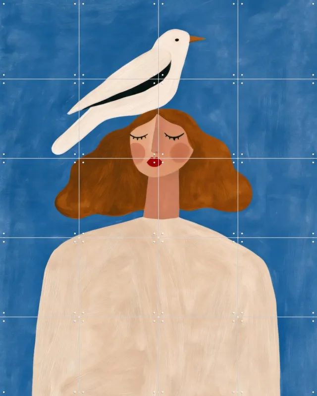 IXXI A Little Bird Told Me, Atelier Pommeline - 80 x 100 cm - Grote wanddecoratie en posters - Cartoonesk, Modern, Gang, Slaapkamer, Woonkamer Blauw