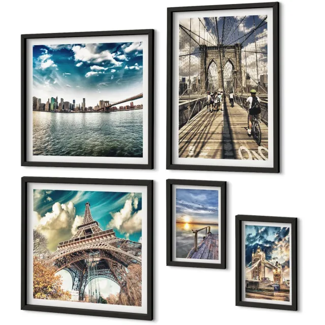Coloray 5-Delige Schilderij Set - Stedelijke Landschappen Met Bruggen En Beroemde Gebouwen - 50 x 50 cm, 20 x 30 cm En 40 x 60 cm - Muurdecoratie - Schilderijen Set - Woonkamer - Decoratieve Schilderijen Zwarte lijst