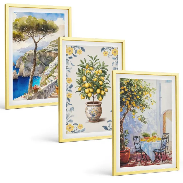 Coloray 3-Delige Schilderij Set - Berglandschap Met Een Rivier En Herfstbomen - 40 x 40 cm En 40 x 60 cm - Wanddecoratie - Muurdecoratie - Woonkamer - Decoratieve Schilderijen Gouden lijst