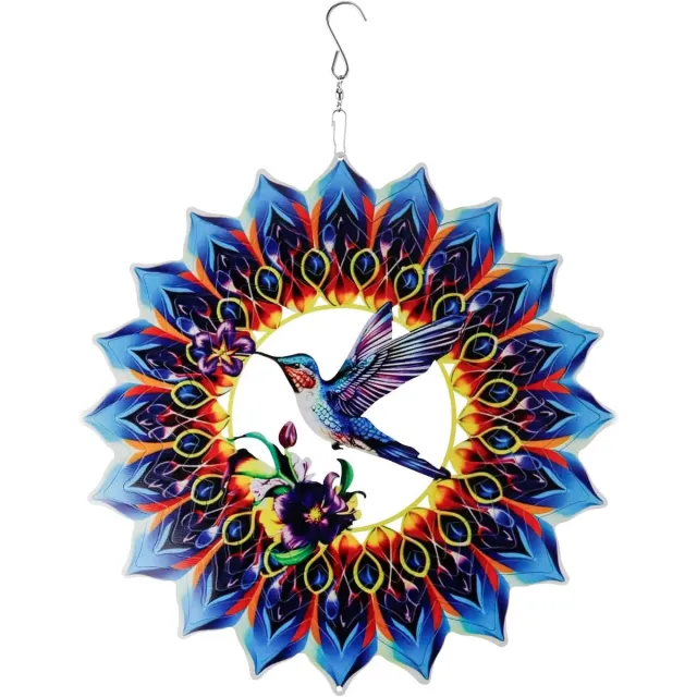 OEMG Kolibrie windspinner, 30×30 cm roestvrij staal, kleurrijke tuin hangdecoratie, vogelverjager met draaibare haak