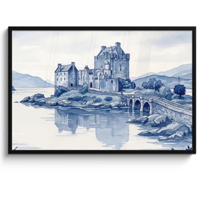 FrameYourWall Poster in lijst - Fotolijst 120x80 cm - Posters - Schots - Kasteel - Blauw - Aquarel - Posterlijst zwart - Decoratie - Wanddecoratie woonkamer - Muurdecoratie slaapkamer