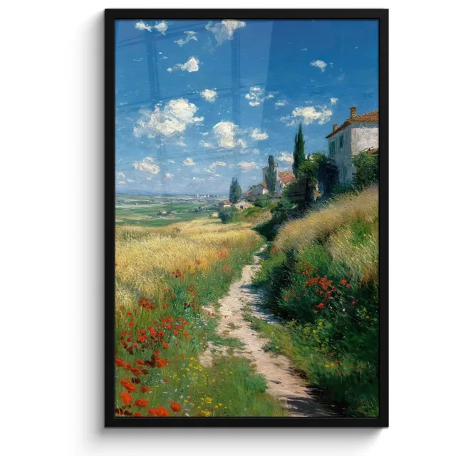 FrameYourWall Poster in lijst - Fotolijst 60x90 cm - Posters - Zandpad - Huis - Bomen - Grasveld - Posterlijst zwart - Decoratie - Wanddecoratie woonkamer - Muurdecoratie slaapkamer