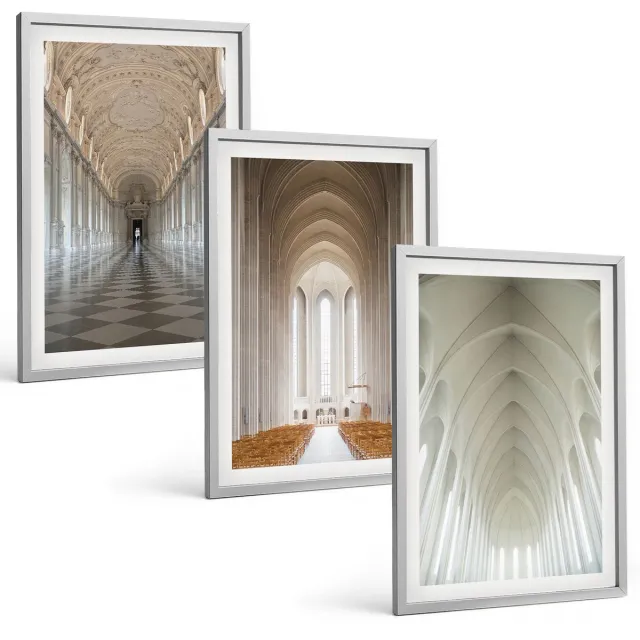 TULUP 4-Delige Schilderij Set - Interieurs van historische gebouwen en kathedralen - 40 x 60 cm - Stijlvolle Muurdecoratie - Slaapkamer Zilveren lijst