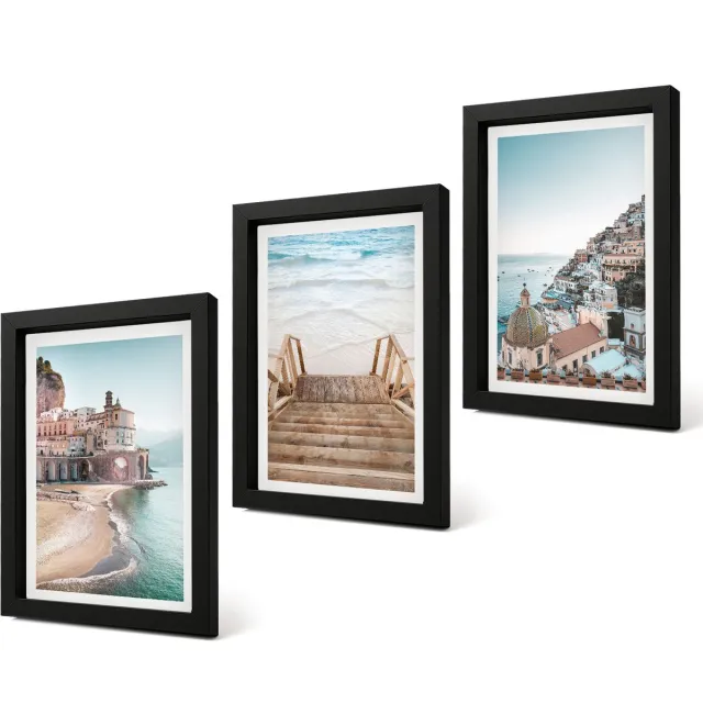 Coloray 4-Delige Schilderij Set - Zomerse pastelkleuren met architectuur aan zee en strand - 20 x 30 cm - Muurdecoratie - Wanddecoratie - Slaapkamer - Decoratieve Schilderijen Zwarte lijst