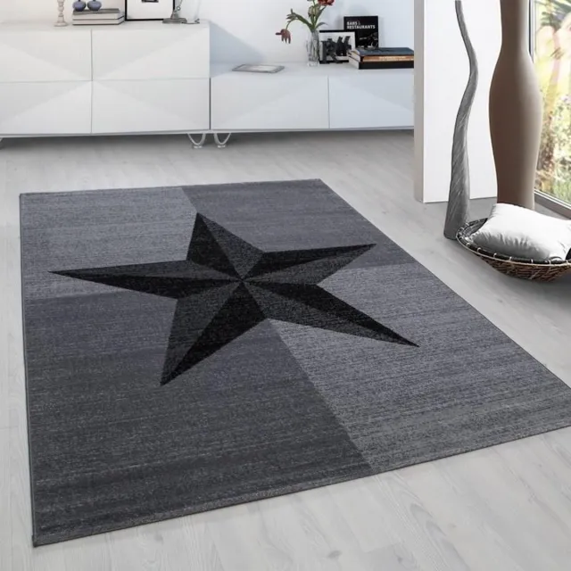 Adana Carpets Laagpolig vloerkleed met sterrenmotief, grijs, geschikt voor de woonkamer, met jute achterkant, afmeting: 80 x 150 cm GREY