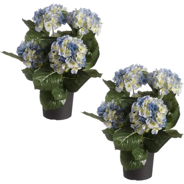 Louis Maes Set van 2x stuks blauwe hortensia kunstplanten in zwarte kunststof pot 44 cm - Hydrangea - Woondecoratie Groen