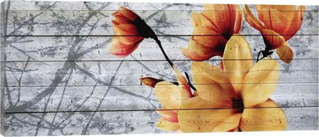 Canvas Schilderij - Oranje bloemen op hout - Bloemen - Oranje - Steen - Hout - Muur - Schilderij Woonkamer - Schilderijen op canvas - Inclusief Frame - 45x145cm (LxB) Diverse kleuren