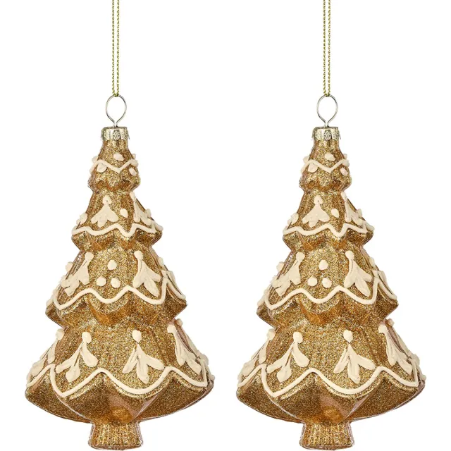 Viv! Christmas Kerstornament - Gingerbread Kerstboom - set van 2 - glas - bruin wit - 14cm