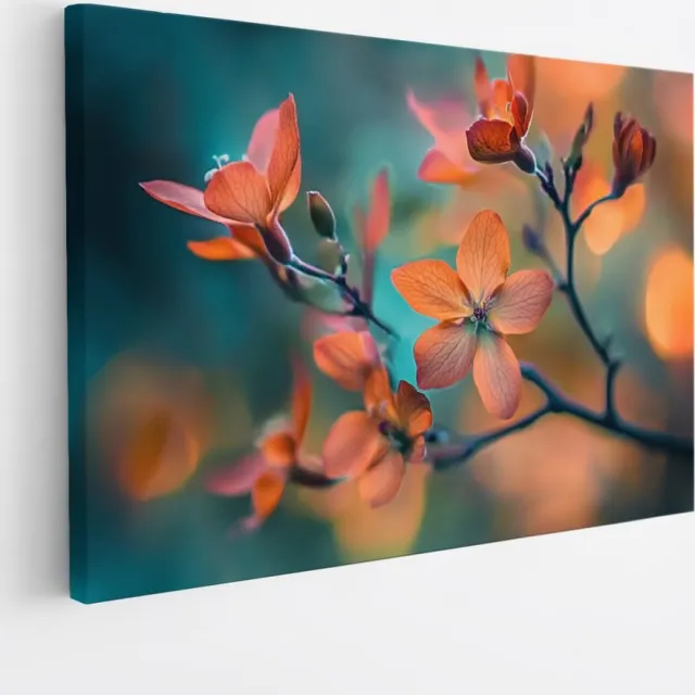 Saammp Canvas Schilderij - Oranje bloemen aan tak - Natuur - Abstract - 45x30 - Foto op canvas - Wanddecoratie - Muurdecoratie Woonkamer - Woonkamer Decoratie Multicolor