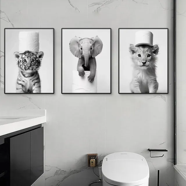 Unyqoos Stijlvolle set van drie zwart-witte badkamerposters met dierenmotief op canvas
