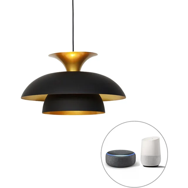 QAZQA titus - Moderne LED Smart Hanglamp met kap incl. wifi - 1 lichts - Ø 50 cm - Zwart Goud - Woonkamer | Slaapkamer | Keuken