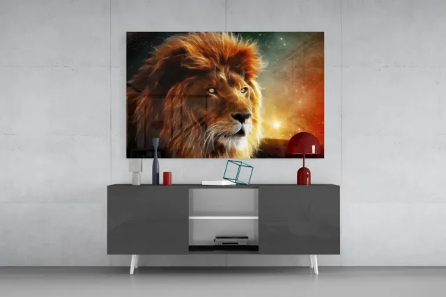Insigne Art Glasschilderij - Leeuw met Sterrenhemel - Krachtige Dieren Wanddecoratie - 110x70 cm Bruin