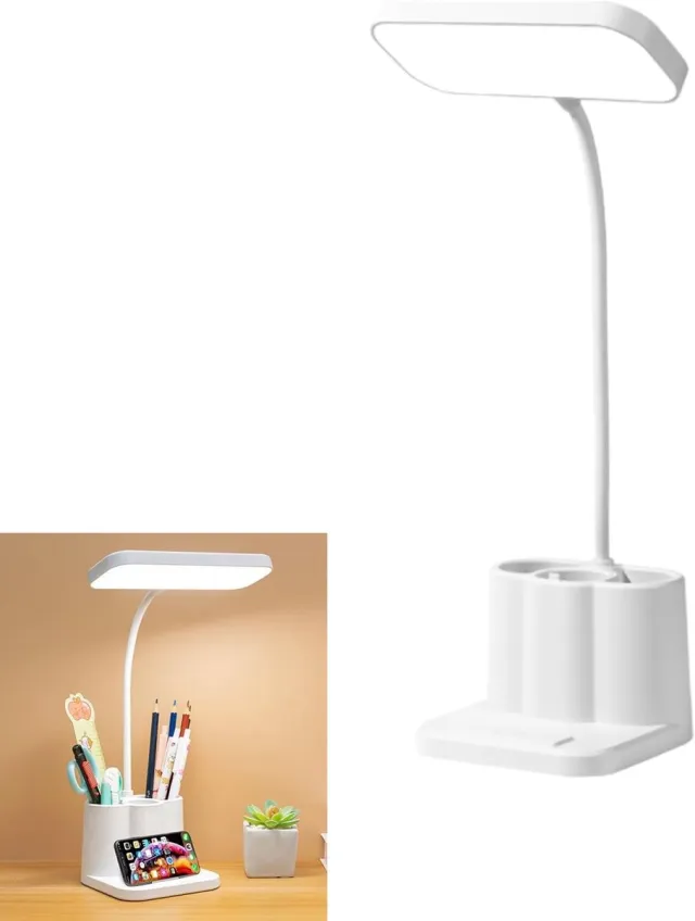 KZQ LED bureaulamp met 3 kleurstanden en pennenhouder – Oogvriendelijk en instelbare hoek – Ideaala voor studenten en slaapzaal –4800 – Wit Wit1