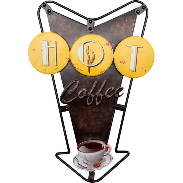 Signs-USA Koffie wandbord - Hot Coffee Arrow - 26 x 1.5 x 40.5 cm - retro wandbord - metaal Bruin
