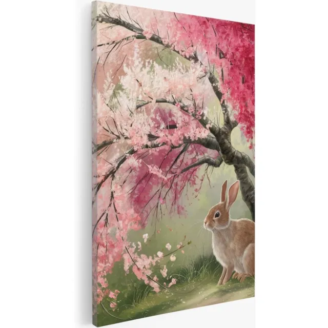 Saammp Canvas Schilderij - Konijn onder roze boom - Natuur - Abstract - 30x40 - Foto op canvas - Wanddecoratie - Muurdecoratie Woonkamer - Slaapkamer decoratie - Canvas Print Multicolor